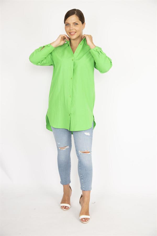 Kadın Büyük Beden Yeşil Ön Düğmeli Uzun Kollu Gömlek 65N37038