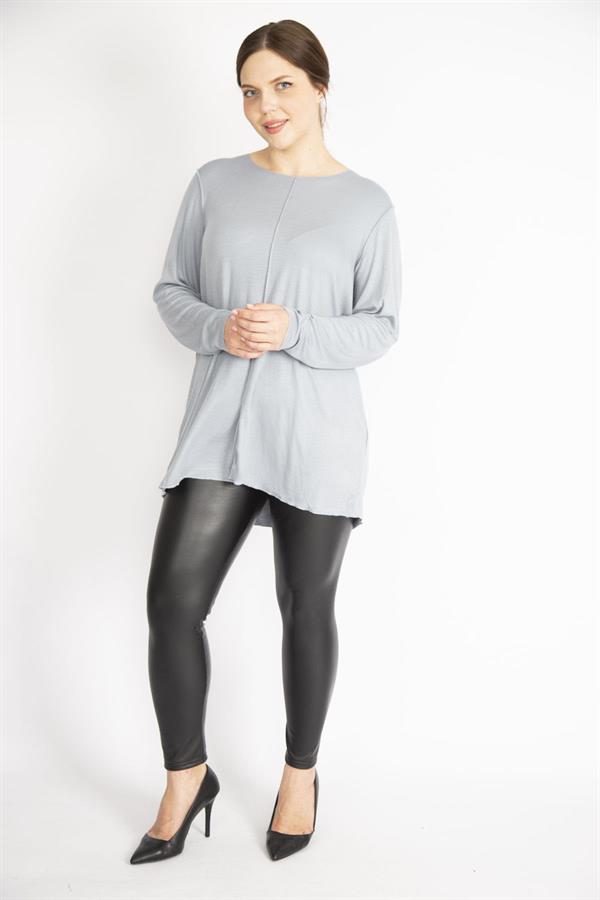 Kadın Gri Büyük Beden Bisiklet Yakalı Uzun Kollu Likralı Tunik