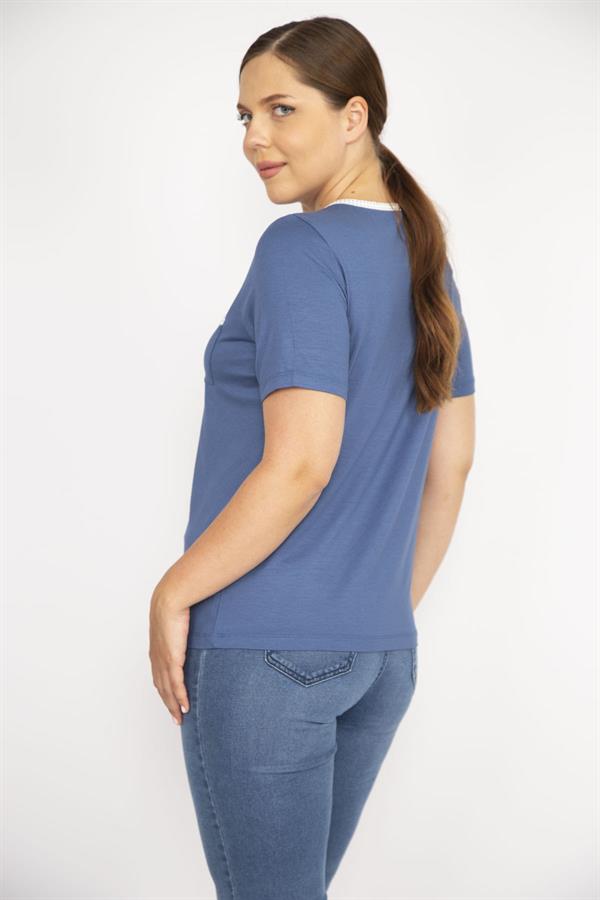 Kadın Mavi Büyük Beden Ön Pat Düğmeli Peto Cepli Kısa Kol Bluz