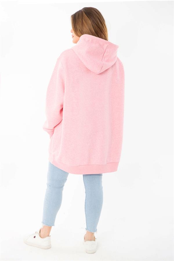 Kadın Büyük Beden Mavi İçi Şardonlu Ön Fermuar Ve Kapşonlu Sweatshirt 65N37405