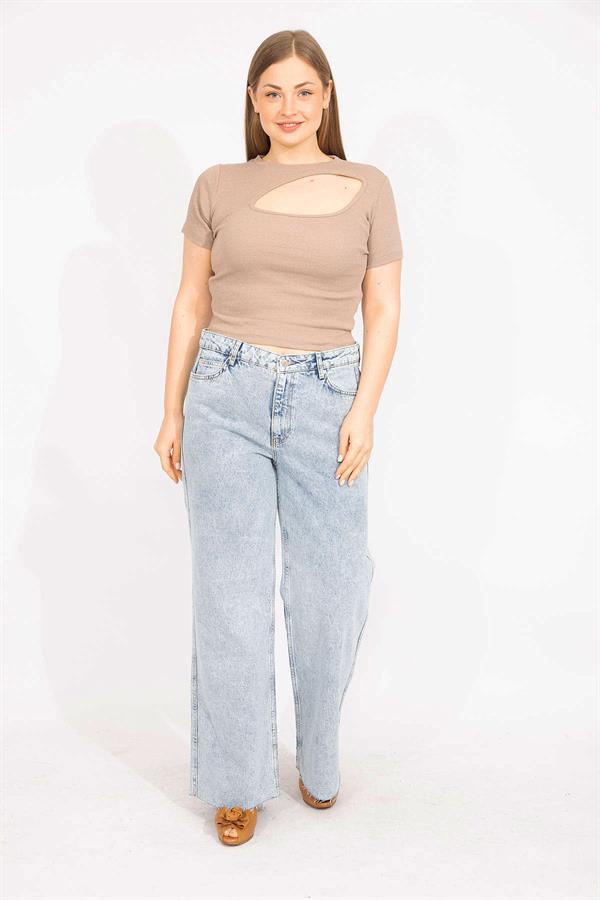 Kadın Mavi Büyük Beden Yıkama Efektli 5 Cepli Kot Pantolon 65N35545