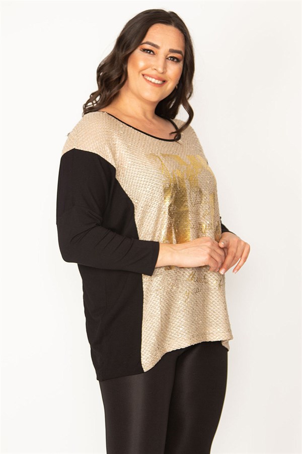Kadın Siyah Önü Lak Baskı Detaylı İki Renkli Tunik 65N31028