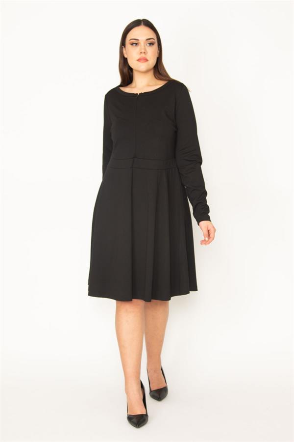 Kadın Siyah Büyük Beden Ön Fermuarlı Bel Bantlı Elbise 65N35673