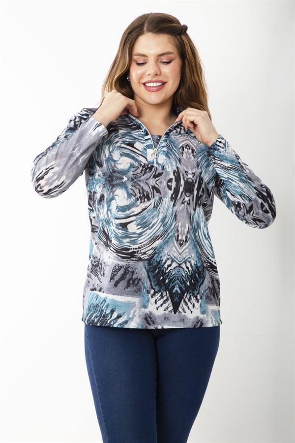 Kadın Büyük Beden Bordo Ön Patı Fermuarlı Uzun Kollu Desenli Bluz 65N37218