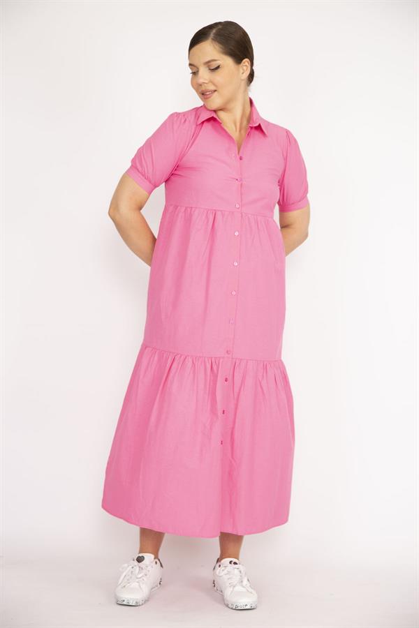 Kadın Büyük Beden Pembe Poplin Kumaş Ön Boy Düğmeli Elbise 65N36790