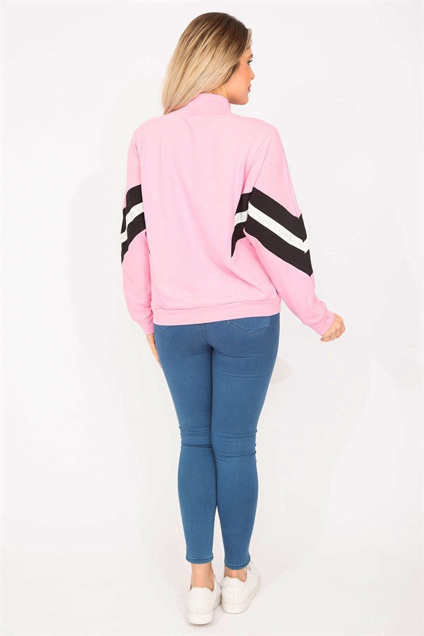 Women's Pink 2-Ply Fabric Front Zipper and Stripe Detail Sweatshirt 65N35299