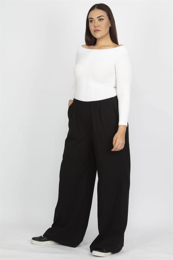 Kadın Siyah Büyük Beden Pamuklu Kumaş Yan Cepli Eşofman Alt 65N35693