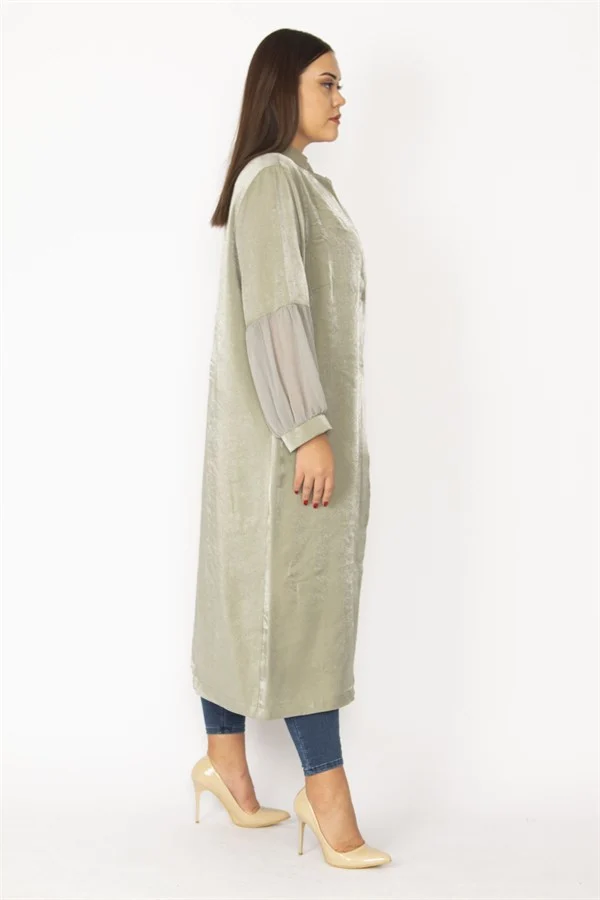 Kadın Siyah Simli Kumaş Kol Ağzı Şifon Detaylı Hakim Yaka Ön Düğmeli Uzun Kap 65N28483