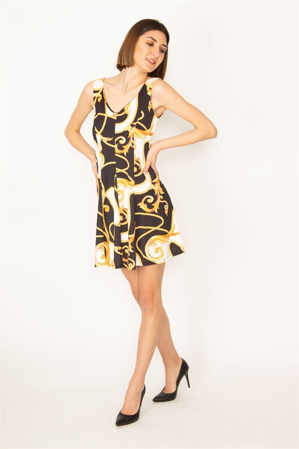 KADIN RENKLİ ÖN ARKA V YAKA DESENLİ ELBİSE