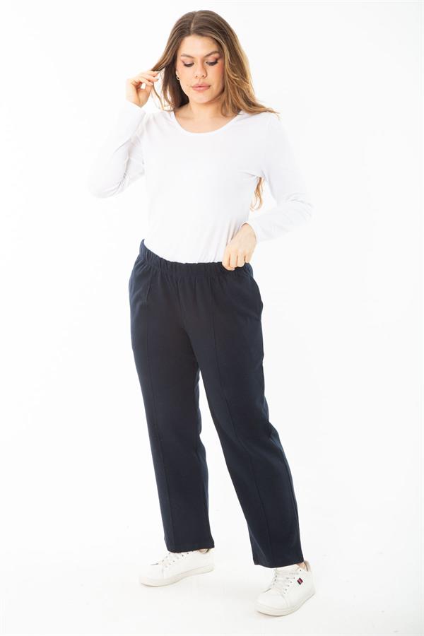 Kadın Büyük Beden Lacivert Beli Lastikli Ütü İzi Çima Dikişli Yan Cepli Eşofman Alt 65N37400