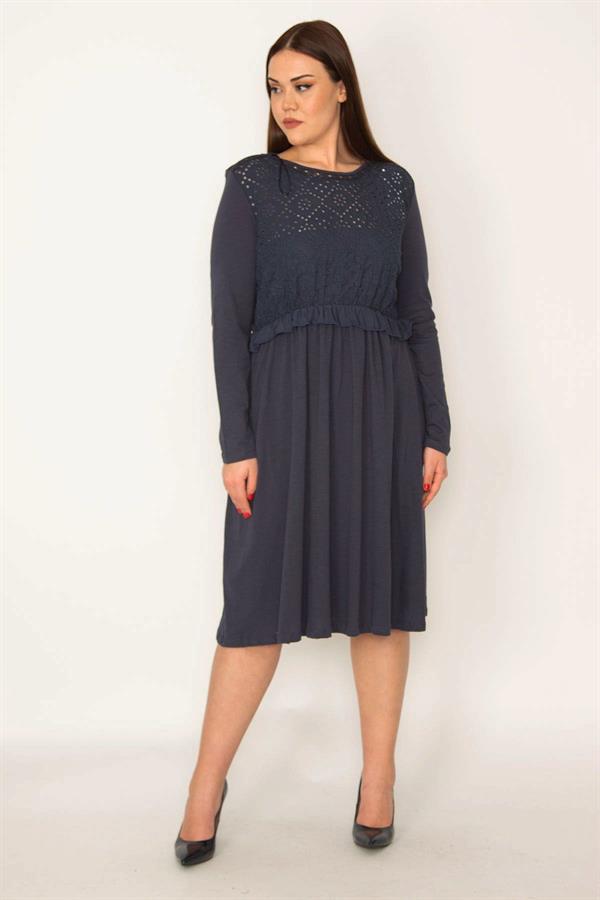 Kadın Büyük Beden Lacivert Delik İş Nakış Detaylı Elbise 65N37670