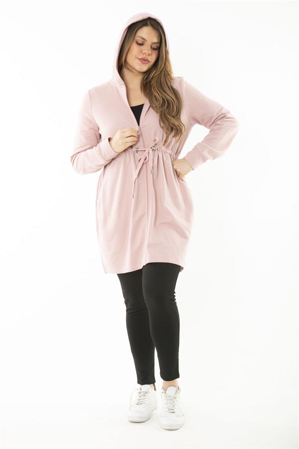 Kadın Büyük Beden Pembe Kapşonlu Belden Büzgü Bağcıklı Sweatshirt 65N37119