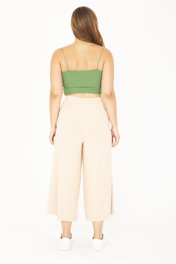 Kadın Büyük Beden Bej Geniş Paçalı Beli Lastikli Yan Cepli Viskon Pantolon 65N36807