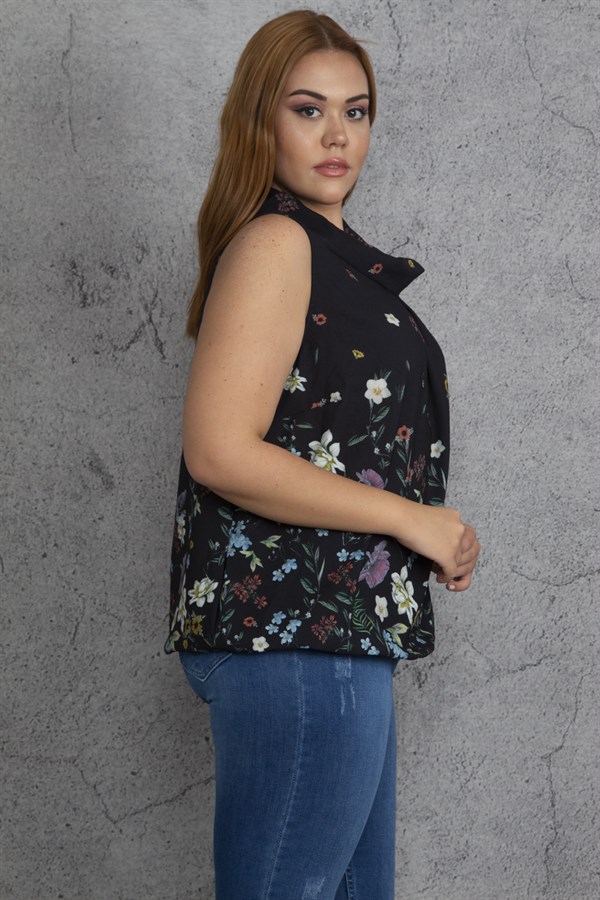 Kadın Siyah Yaka Detaylı Etek Ucu Lastik Detaylı Kolsuz Çiçek Desenli Bluz