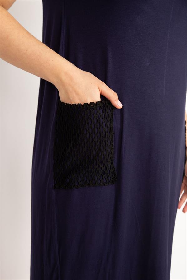 Kadın Lacivert Büyük Beden Cebi File Detaylı Kısa Kollu Viskon Elbise