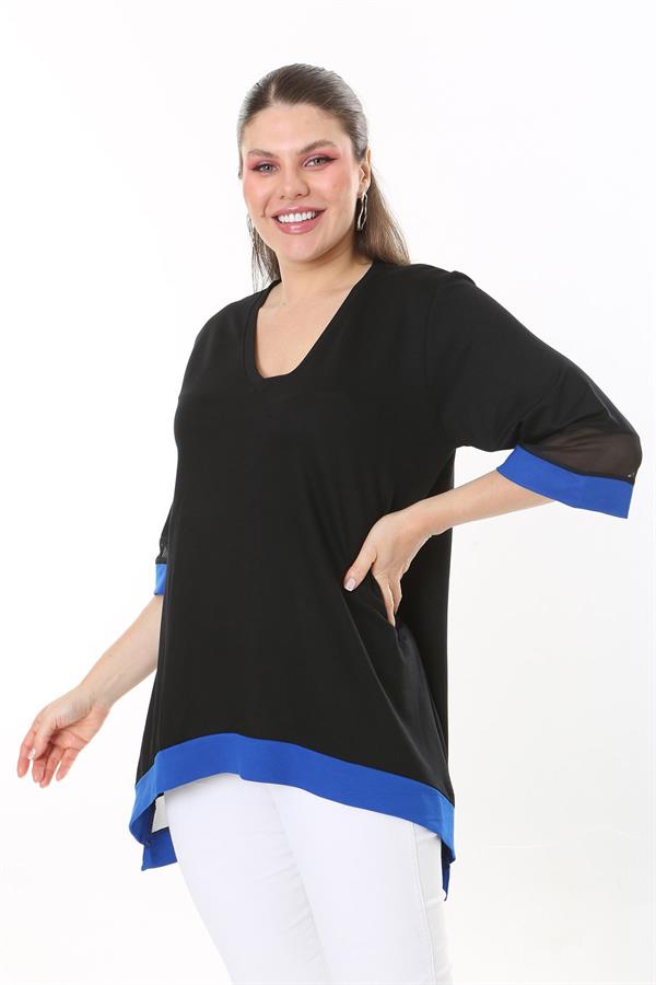 Kadın Büyük Beden Kemik Kol Ve Etek Ucu Tül Ve Garni Detaylı V Yakalı Arkası Uzun Tunik 65N37681