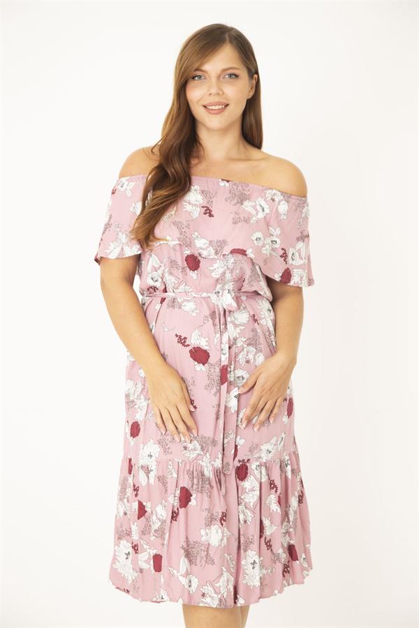 Kadın Büyük Beden Pembe Dokuma Viskon Kumaş Yakası Lastik Ve Volan Detaylı Elbise 65N36783