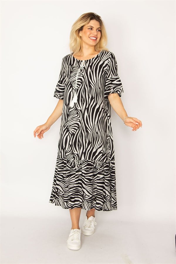 Kadın Siyah Dokuma Viskon Kumaş Etek Ucu Katlı Kolları Volanlı Uzun Elbise 65N34262