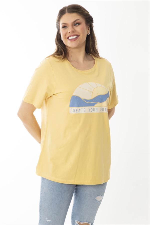 Kadın Büyük Beden Sarı Pamuklu Kumaş Ön Baskılı Bluz 65N37097