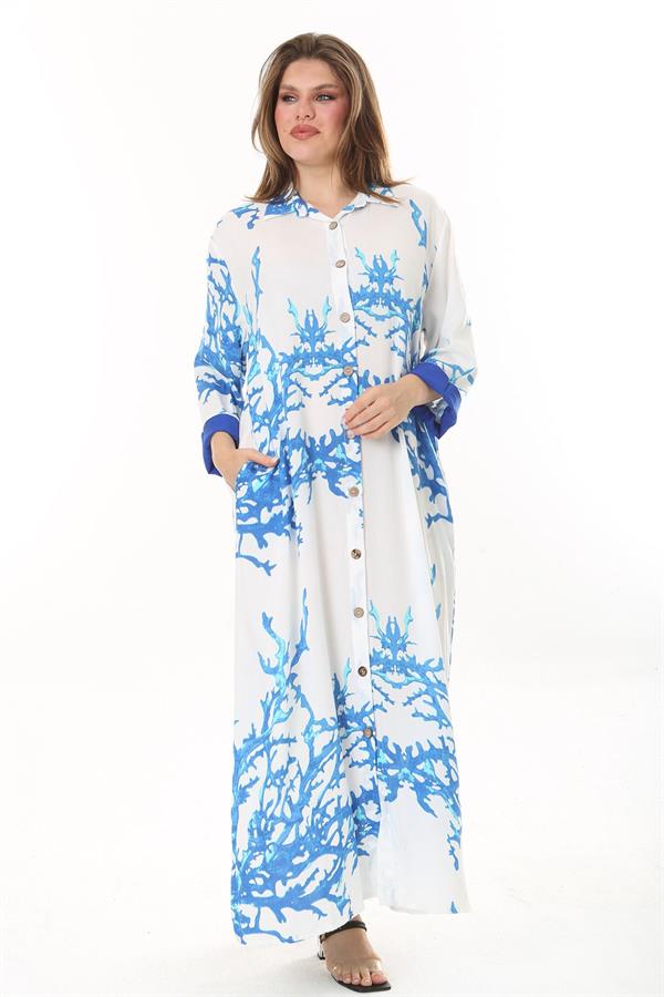 Kadın Büyük Beden Mavi Ön Boy Düğmeli Gömlek Yakalı Uzun Elbise 65N37875