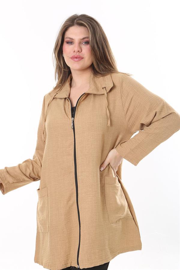 Kadın Büyük Beden Camel Keten Dokuma Ön Fermuar Ve Cepli Astarsız Ceket 65N37787
