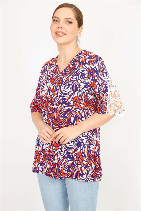 Kadın Mavi Büyük Beden Dokuma Viskon Kumaş Kolları Dantel Detaylı V Yakalı Bluz