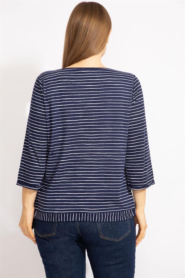 Kadın Lacivert Büyük Beden Pamuklu Kumaş Çizgi Kombinli Bluz 65N35571
