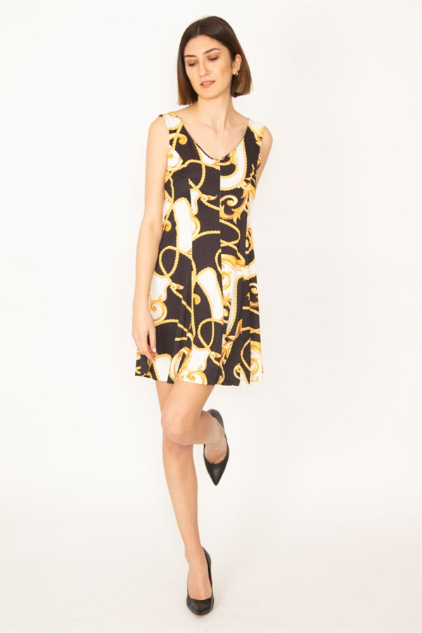 KADIN RENKLİ ÖN ARKA V YAKA DESENLİ ELBİSE