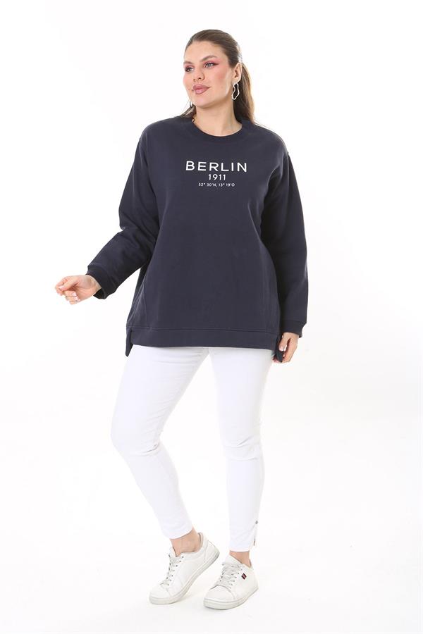 Women's Plus Size Navy Blue Ribbed Inside Slit Sweatshirt 65N37716