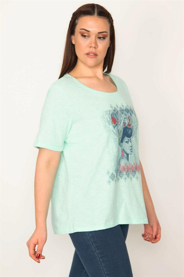 KADIN MİNT PAMUKLU KUMAŞ ÖN BASKILI KISA KOLLU BLUZ