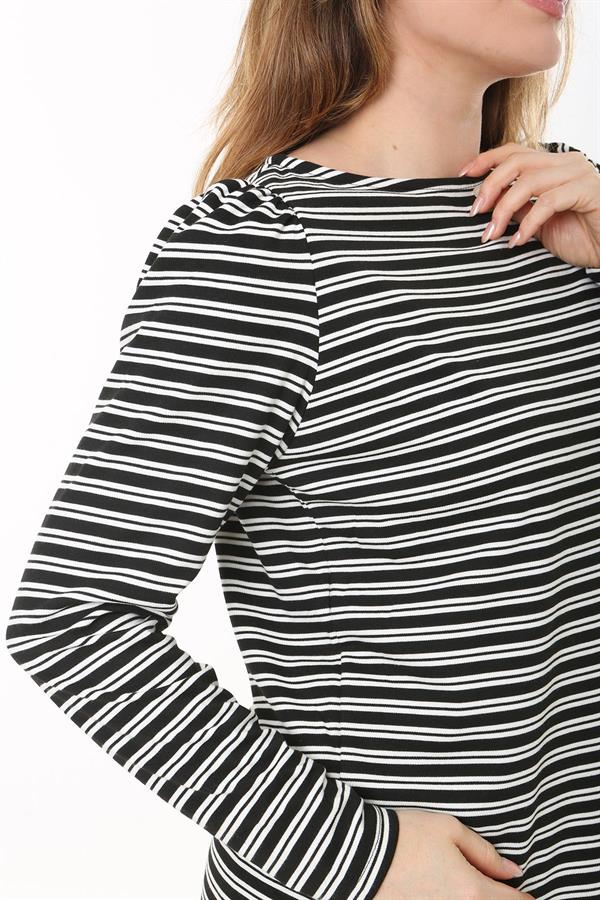 Kadın Büyük Beden Siyah Omuz Büzgülü Bisiklet Yakalı Çizgili Bluz 65N37524