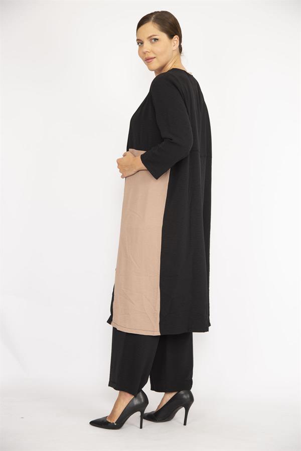 Kadın Büyük Beden İndigo Hırka İç Bluz Ve Pantolon Üçlü Takım