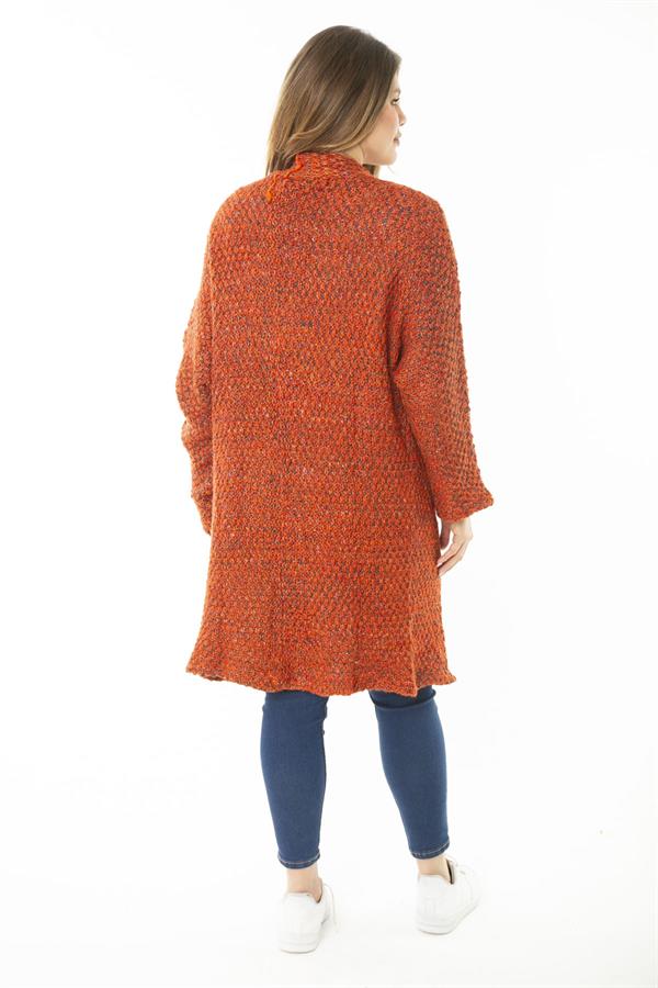 Kadın Büyük Beden Oranj Kalın Triko Hırka 65N37168
