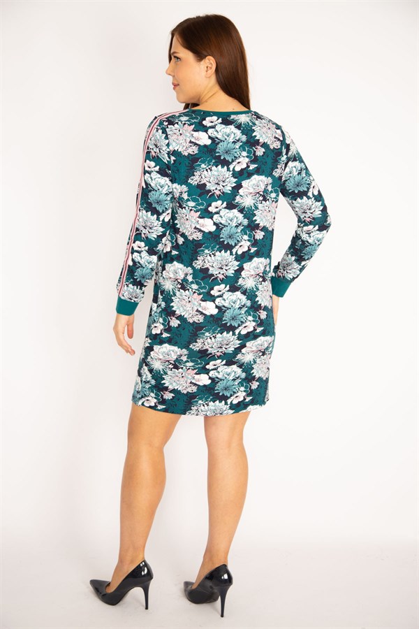 Kadın Petrol Kolları Şerit Detaylı Çiçek Desenli Tunik Elbise 65N34667