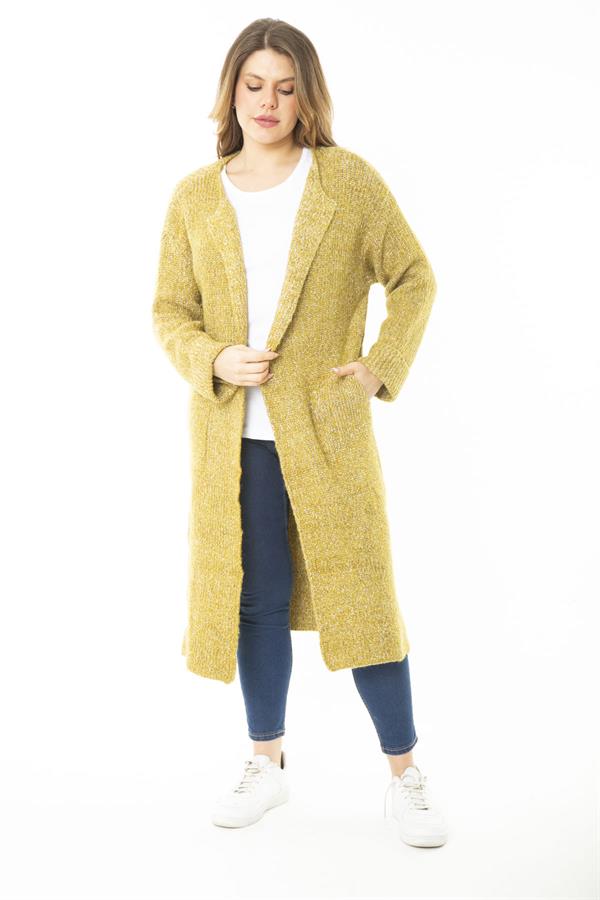 Kadın Büyük Beden Safran Yırtmaçlı Kalın Triko Uzun Hırka 65N37142