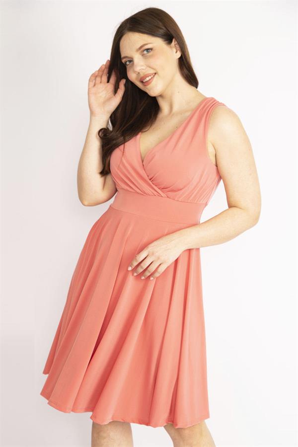 Kadın Nar Büyük Beden Anvelop Yakalı Arka Bel Lastik Detaylı Elbise