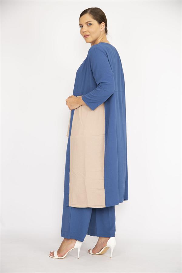 Kadın Büyük Beden İndigo Hırka İç Bluz Ve Pantolon Üçlü Takım