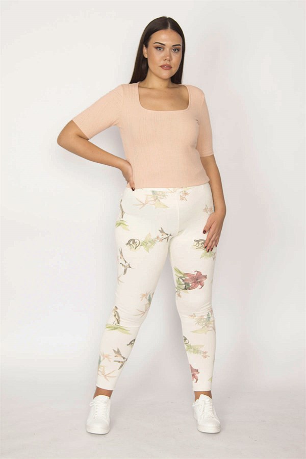 Kadın Bej Pamuklu Kumaş Desenli Tayt Pantolon 65N29873