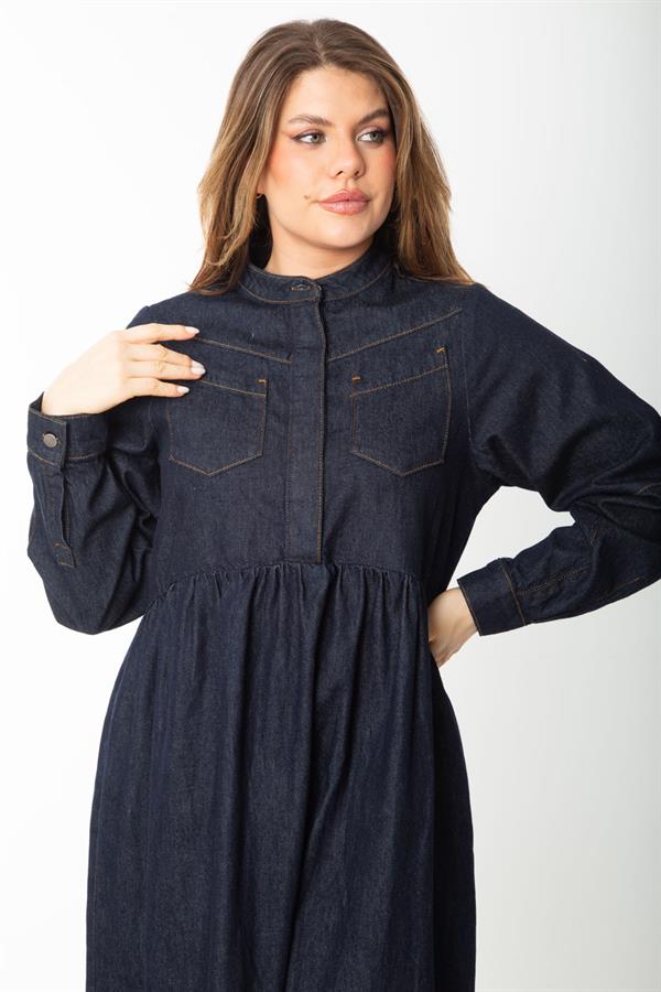 Women's Navy Blue Hidden Placket Metal Button Denim Dress 65N37375