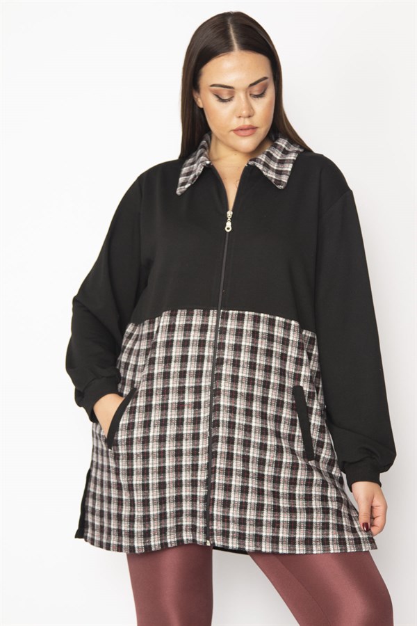 Kadın Bej Ekose Desen Detaylı Fermuarlı Cepli Mont 65N29569