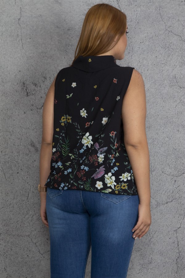 Kadın Siyah Yaka Detaylı Etek Ucu Lastik Detaylı Kolsuz Çiçek Desenli Bluz