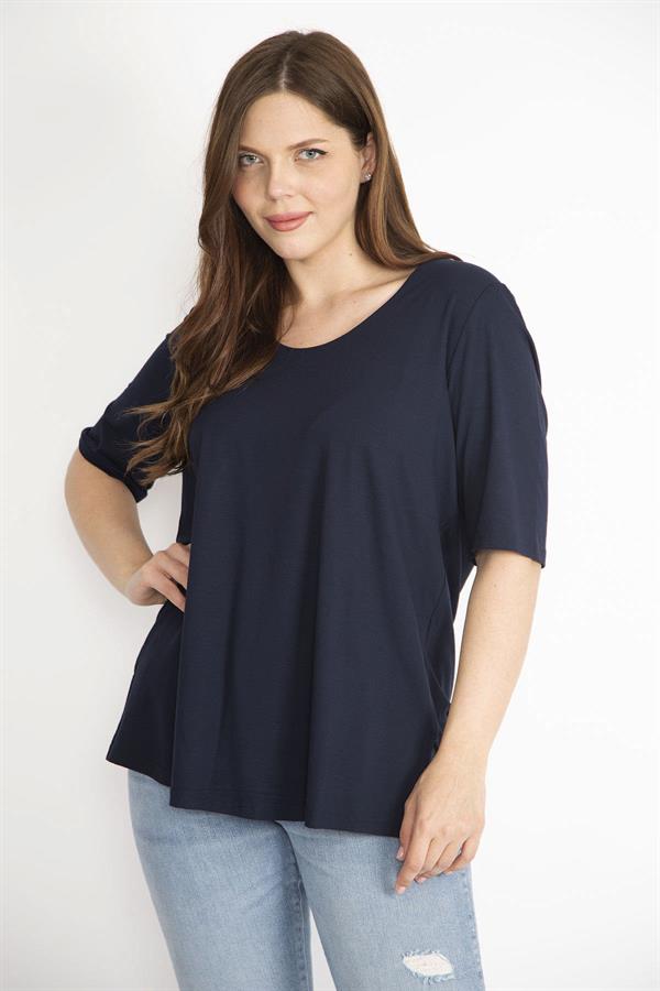 Kadın Lacivert Büyük Beden Önü İki Katlı Kısa Kollu Likralı Bluz