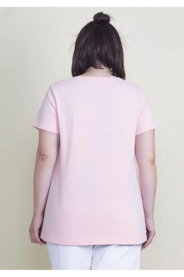 Kadın Büyük Beden Pembe Pamuklu Kumaş V Yaka Bluz