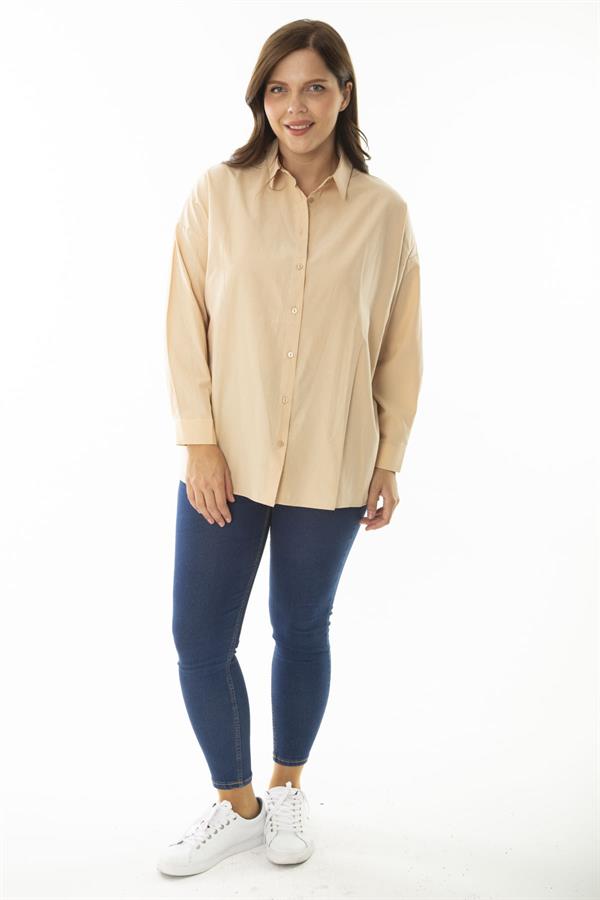 Kadın Büyük Beden Bej Ön Düğmeli Uzun Kollu Gömlek 65N37041