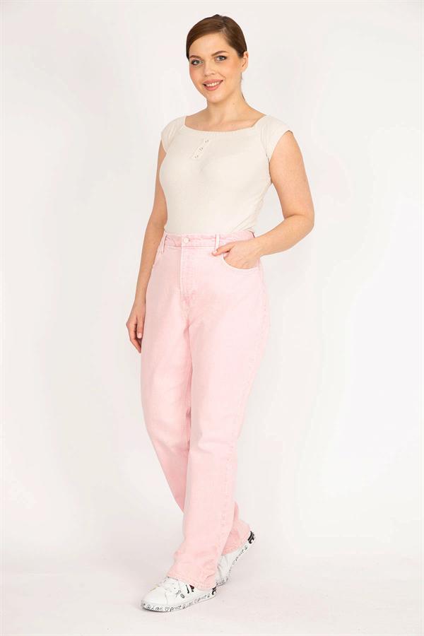 Kadın Pembe Büyük Beden 5 Cepli Likrasız Kot Pantolon