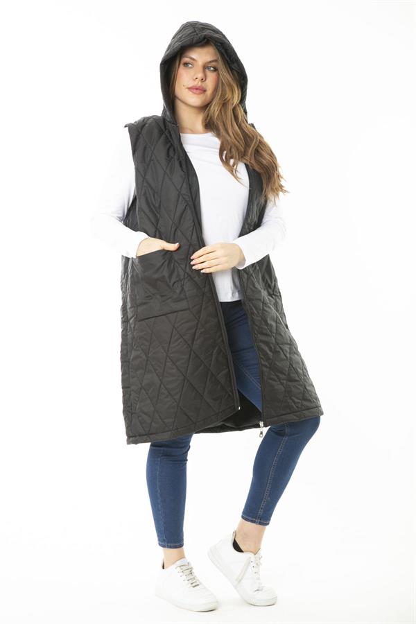 Kadın Büyük Beden Haki Ön Dermuarlı Kapşonlu Kapitone Astarlı Uzun Mont 65N37107