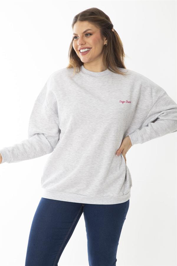 Women's Plus Size Gray Embroidered Inside Swatshirt 65N37008