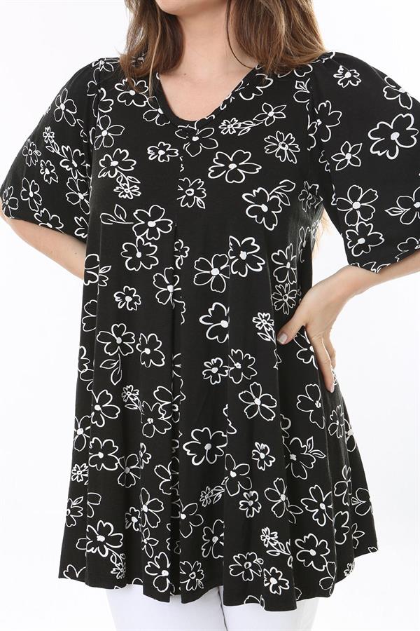 Kadın Büyük Beden Siyah Önü A Pileli V Yakalı Tunik 65N37793