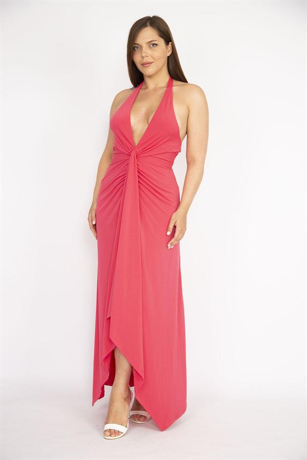 Kadın Fujya Büyük Beden Boyundan Bağlamalı Göğüs Büzgülü Uzun Elbise