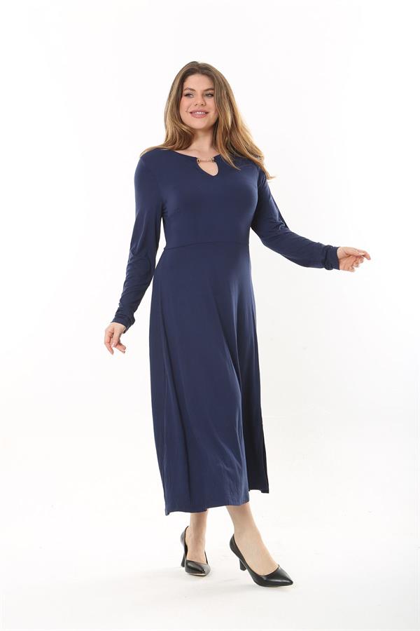 Kadın Büyük Beden Lacivert Öpücük Yakalı Uzun Kollu Elbise 65N37558